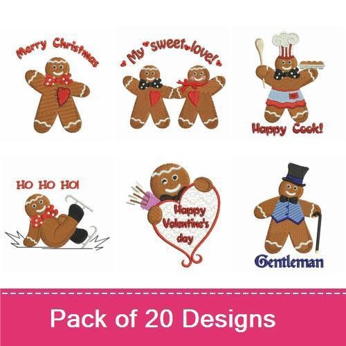 Gingerbread Characters Embroidery Designs Bundle – Gingerbread Man with Heart, Merry Christmas Text, Gingerbread Couple & More (20 Designs)