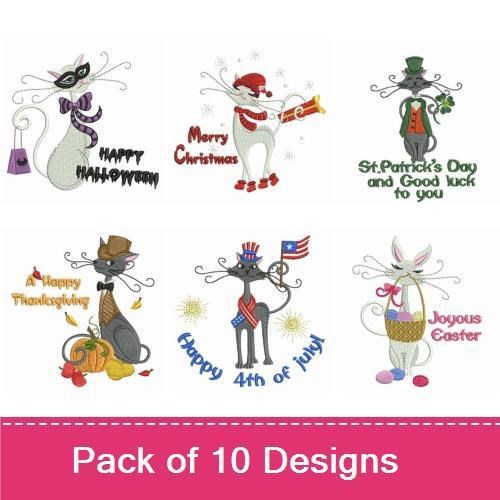 Holiday-Themed Cats Embroidery Designs Bundle – Halloween Cat, Christmas Cat, St. Patrick's Day Cat & More (10 Designs)