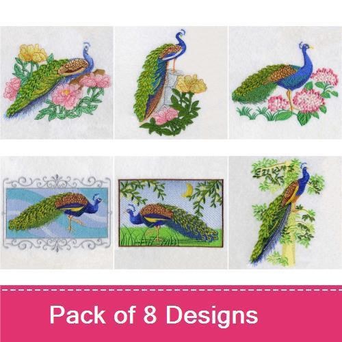 Elegant Peacock Embroidery Designs Bundle – Peacock on Flowers, Peacock with Open Tail, & More (8 Designs)