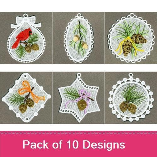FSL Winter Cardinal & Pinecones Embroidery Designs Bundle – Cardinal Ornament, Pinecone Ornament, & More (10 Designs)
