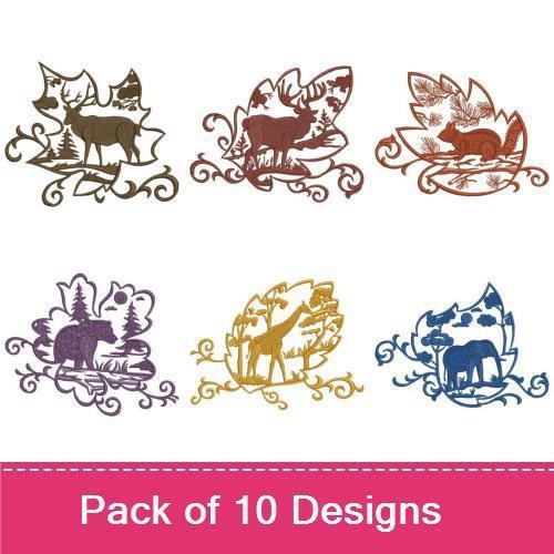 Wildlife Leaf Silhouettes Embroidery Designs Bundle – Deer with Trees, Owl with Leaf, Fox with Leaf & More (10 Designs)