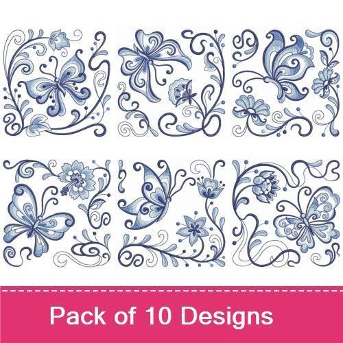 Butterflies & Floral Elements Embroidery Designs Bundle – Blue Butterfly with Floral Swirls, Butterfly with Blossoms & More (10 Designs)