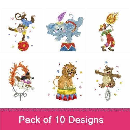 Circus Animal Fun Embroidery Bundle – Colorful Circus Characters (10 Designs)