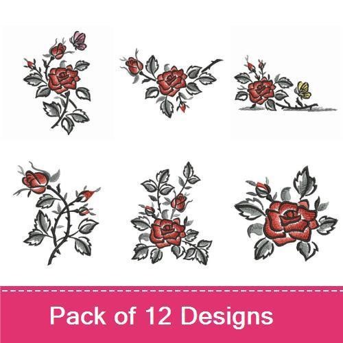 Floral Embroidery Designs Bundle – Elegant Red Rose with Butterfly, Rose Bouquet, Single Red Rose & More (12 Designs)
