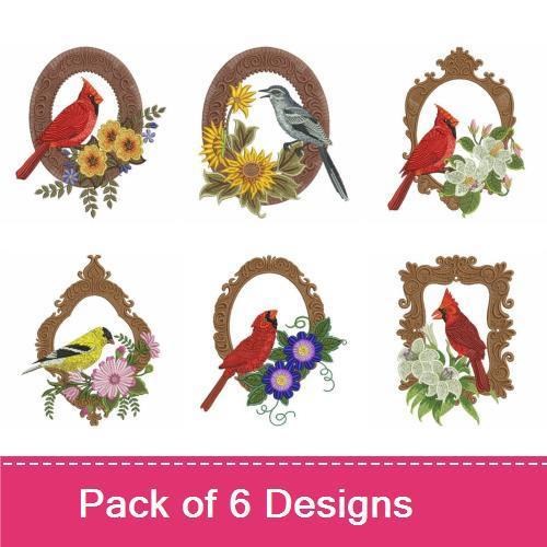 Birds and Floral Frames Embroidery Designs Bundle – Cardinal with Floral Frame, Blue Jay with Sunflowers, Yellow Bird with Floral Frame & More (6 Designs)