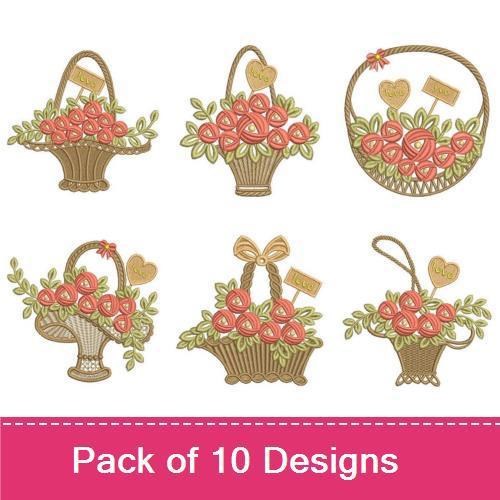 Rose Basket Embroidery Designs Bundle – Rose Basket with Hearts, Rose Basket with Ribbon, & More (10 Designs)
