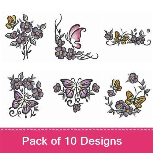 Butterflies & Floral Embroidery Designs Bundle – Butterfly with Flowers, Bouquet of Flowers & More (10 Designs)