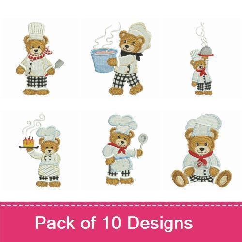 Chef Bear Embroidery Designs Bundle – Chef Bear with Spatula, Chef Bear with Bowl, & More (10 Designs)