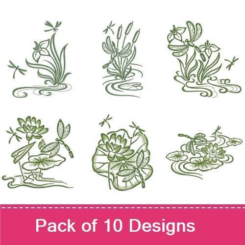 Serene Dragonfly & Pond Embroidery Designs Bundle – Lotus Flower, Water Lily, Dragonfly & More (10 Designs)
