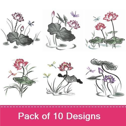 Lotus & Dragonfly Embroidery Designs Bundle – Lotus Flower with Leaves, Dragonfly on Lotus, Lotus Pond Scene & More (10 Designs)