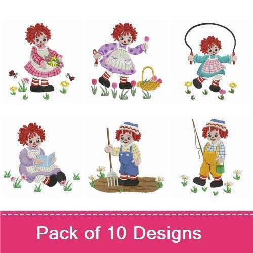 Vintage Rag Dolls Embroidery Designs Bundle – Girl with Flowers, Girl with Basket, & More (10 Designs)