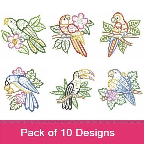 Tropical Birds Embroidery Designs Bundle – Parrot with Flower, Blue Tropical Bird, Pair of Parrots & More (10 Designs)
