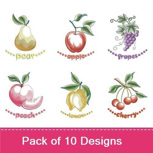 Fruits Embroidery Designs Bundle – Red Apple, Green Pear, Purple Grapes & More (10 Designs)