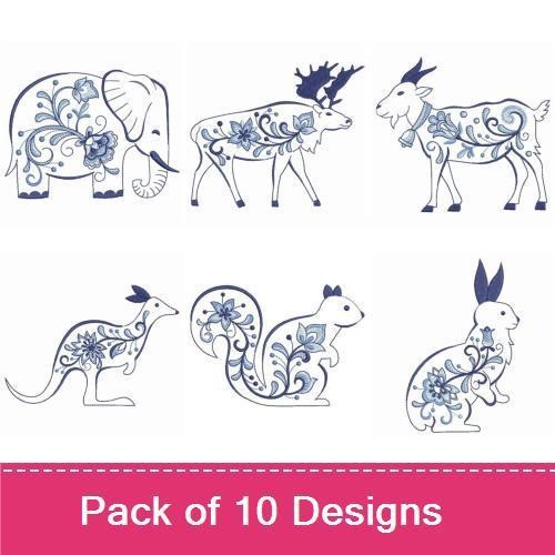 Redwork Folk Art Animals Embroidery Bundle – Rooster, Goose, Pig, Cow & More (10 Designs)