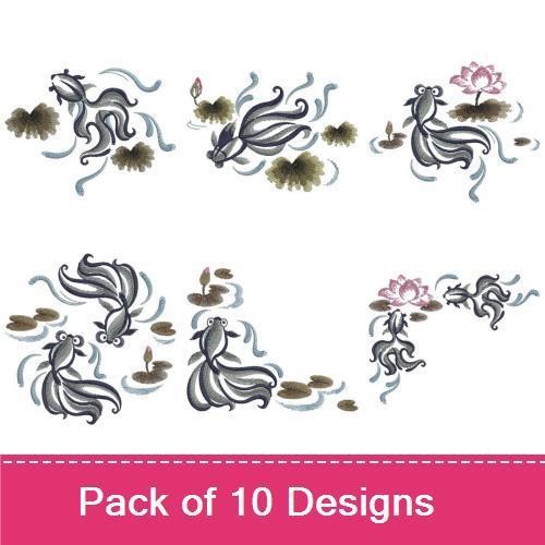 Koi Fish & Lotus Flower Embroidery Bundle – Swimming Koi, Lotus Flower, Koi Fish Couple & More (10 Designs)