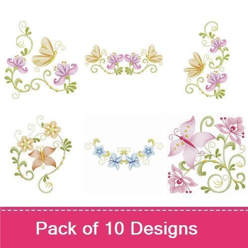 Butterflies & Floral Embroidery Designs Bundle – Delicate Butterfly with Flowers, Flower Bouquet with Butterfly, & More (10 Designs)