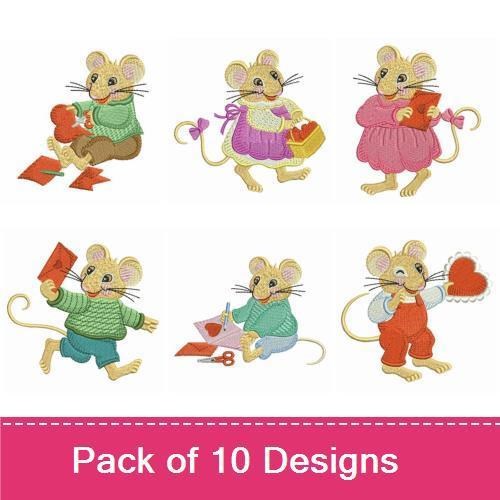 Valentine's Day Mice Embroidery Designs Bundle – Delivering Mail, Holding Hearts, Mouse with Flowers & More (10 Designs)