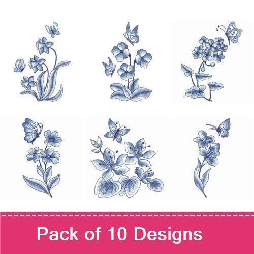 Floral Embroidery Bundle – Daffodil Bouquet, Butterfly on Flower, Violet Cluster & More (10 Designs)