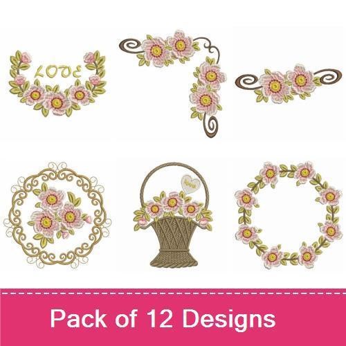 Floral Embroidery Bundle – Floral Wreath, Floral Basket, Floral Heart & More (12 Designs)