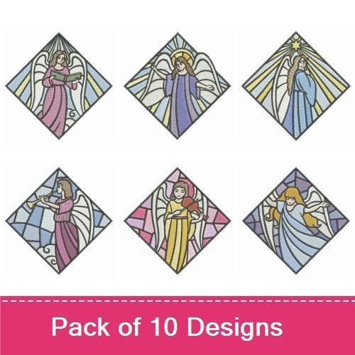 Stained Glass Angels Embroidery Designs Bundle – Angel Reading, Pink Robed Angel, Angel with Golden Halo & More (10 Designs)