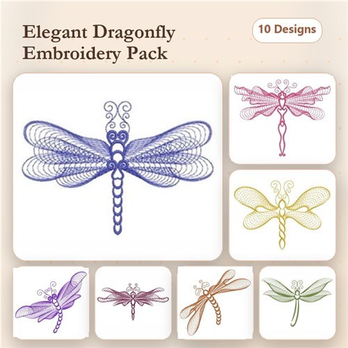 Rippled Dragonfly Embroidery Designs Bundle – Dragonfly with Bow in Blue, Pink, Lavender & More (10 Designs)