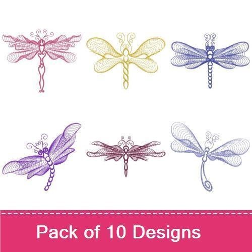 Rippled Dragonfly Embroidery Designs Bundle – Dragonfly with Bow in Blue, Pink, Lavender & More (10 Designs)