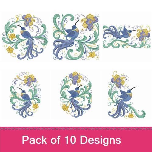 Hummingbird & Floral Embroidery Designs Bundle – Hummingbird with Yellow Flower, Swirling Hummingbird, & More (10 Designs)