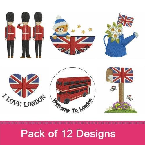 London Icons Embroidery Designs Bundle – Union Jack Flag, Royal Guard, London Bus & More (12 Designs)
