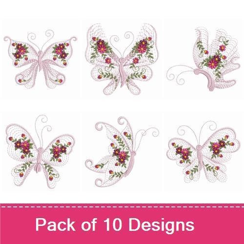Rippled Elegant Floral Butterfly Embroidery Designs Bundle – Floral Butterfly with Roses, Ornate Butterfly Design, Butterfly in Bloom & More (10 Designs)