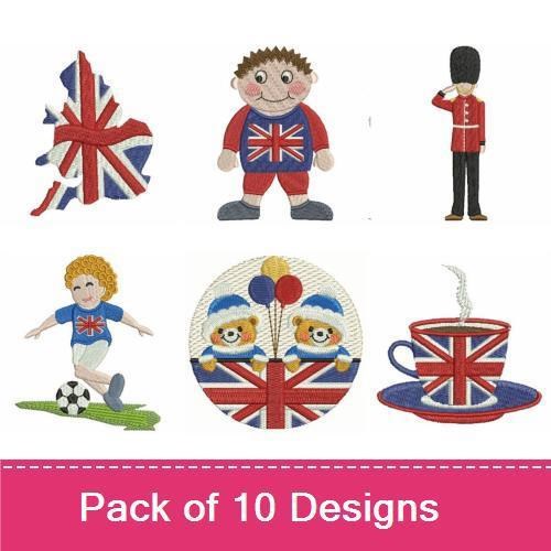 British Themed Embroidery Bundle – Union Jack Map, Royal Guard Figure, Teacup & More (10 Designs)