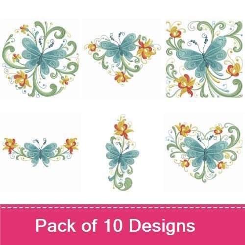 Elegant Butterfly and Floral Embroidery Bundle – Large Decorative Butterfly, Floral Swirl with Butterfly & More (10 Designs)