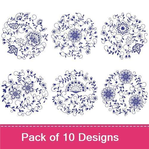 Redwork Floral Embroidery Designs Bundle – Floral Design with Leaves, Circular Floral Motif, Floral Swirl Pattern & More (10 Designs)