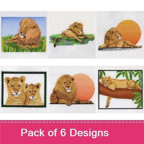 Majestic Lions Embroidery Designs Bundle – Lion Resting on Grass, Lion with Sunset, Two Lion Cubs & More (6 Designs)