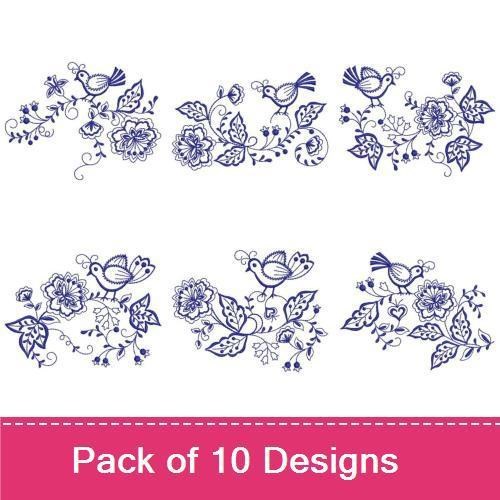 Redwork Floral Embroidery Designs Bundle – Bluebird with Flower, Floral Arrangement with Bluebird, & More (10 Designs)