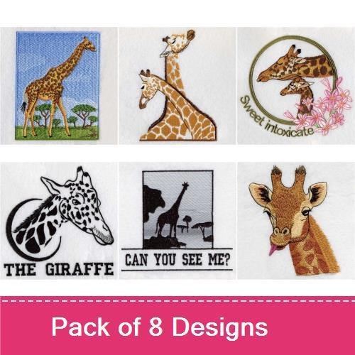 Giraffe Embroidery Designs Bundle – Standing Giraffe, Giraffe Head, Giraffe with Trees & More (8 Designs)