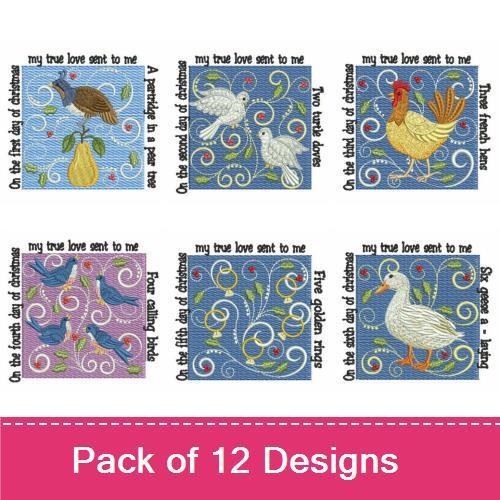 Twelve Days of Christmas Embroidery Designs Bundle – Partridge in a Pear Tree, Turtle Doves, French Hens & More (12 Designs)
