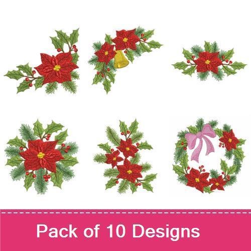 Poinsettia Christmas Embroidery Designs Bundle – Poinsettia with Bell, Wreath, Gift Tag & More (10 Designs)