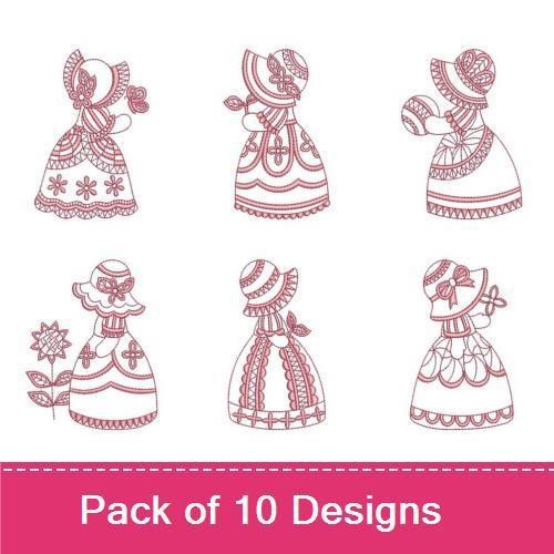 Redwork Vintage Sunbonnet Girls Embroidery Bundle – Sunbonnet Girl with Flowers, Girl with Basket & More (10 Designs)