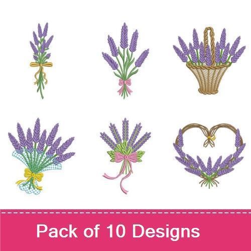 Floral Embroidery Designs Bundle – Lavender Bouquet in Basket, Lavender Stem in Pot, Lavender Heart & More (10 Designs)