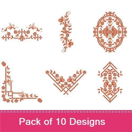 Redwork Floral Embroidery Designs Bundle – Floral Motif with Vines, Circular Floral Design, Ornate Floral Frame & More (10 Designs)