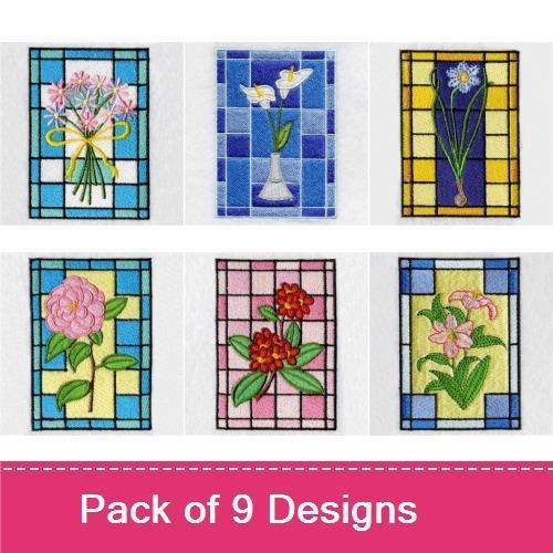 Floral Stained Glass Embroidery Designs Bundle – Bouquet of Flowers, Floral Vase, Pink Carnation & More (9 Designs)