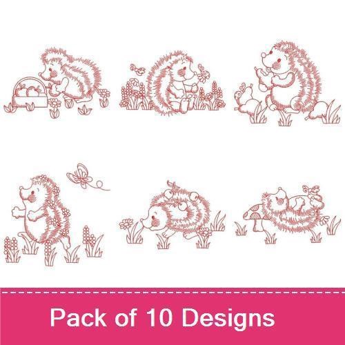 Redwork Hedgehog Embroidery Bundle – Hedgehog with Basket, Gathering Flowers, & Friends (10 Designs)