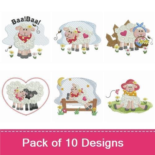Farm Animal Embroidery Bundle – Charming Sheep with Heart, Flower Field, Basket & More (10 Designs)
