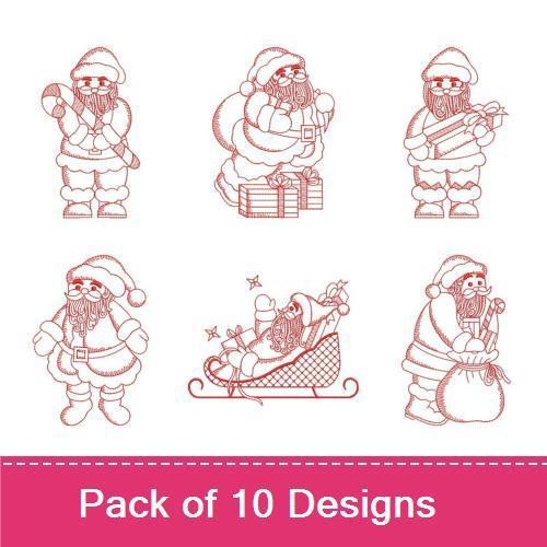 Redwork Santa Claus Embroidery Designs Bundle – Santa with Bag, Santa in Sleigh, Santa with Christmas Tree & More (10 Designs)