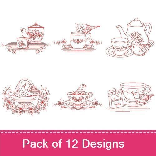 Redwork Tea Time with Birds Embroidery Designs Bundle – Teapot with Flowers, Tea Cup with Bird, Birds on Plate & More (12 Designs)