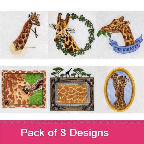 Giraffe Embroidery Bundle – Giraffe with Leaf, Giraffe Head with Banner, Giraffe in Wreath & More (8 Designs)