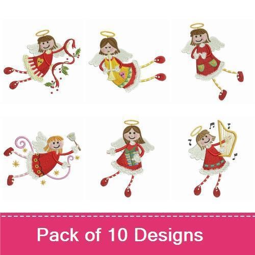 Angels Embroidery Designs Bundle – Angel with Candy Cane, Skating Angel, Angel with Star & More (10 Designs)