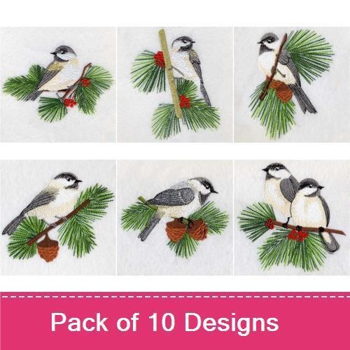 Chickadee Birds Embroidery Designs Bundle – Chickadee on Pine Branch, Chickadee with Berries, & More (10 Designs)