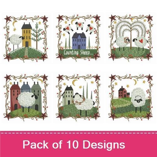 Farm Sheep Embroidery Bundle – Counting Sheep with House, Sheep in Field, Sleeping Sheep & More (10 Designs)