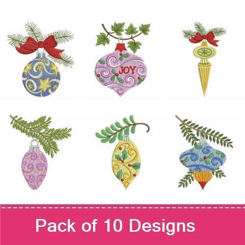Christmas Ornament Embroidery Designs Bundle – Vintage Ornament with Bow, Purple Vintage Ornament, Red Ornament with Holly & More (10 Designs)
